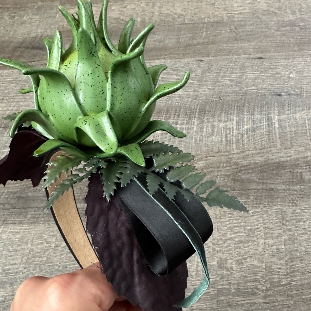 Handmade Designer Fascinator Headband Black Green Purple Thistle Artichoke Bow - Picture 12 of 16